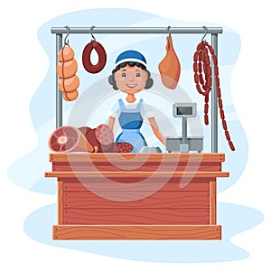 Meat stall, a saleswoman behind a counter made of wooden boards sells sausages, meat and delicacies photo